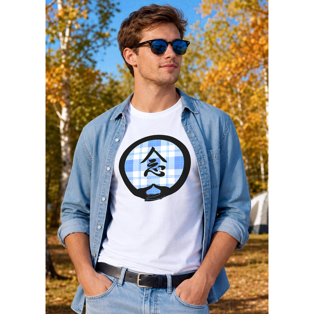 Mindfulness with Dhyana Mudra - on Light Blue Plaid (avail. in 5 colors)