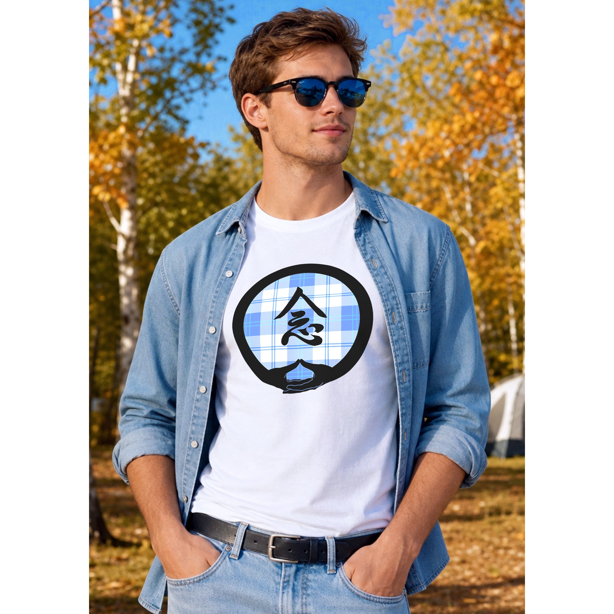 Mindfulness with Dhyana Mudra - on Light Blue Plaid (avail. in 5 colors)