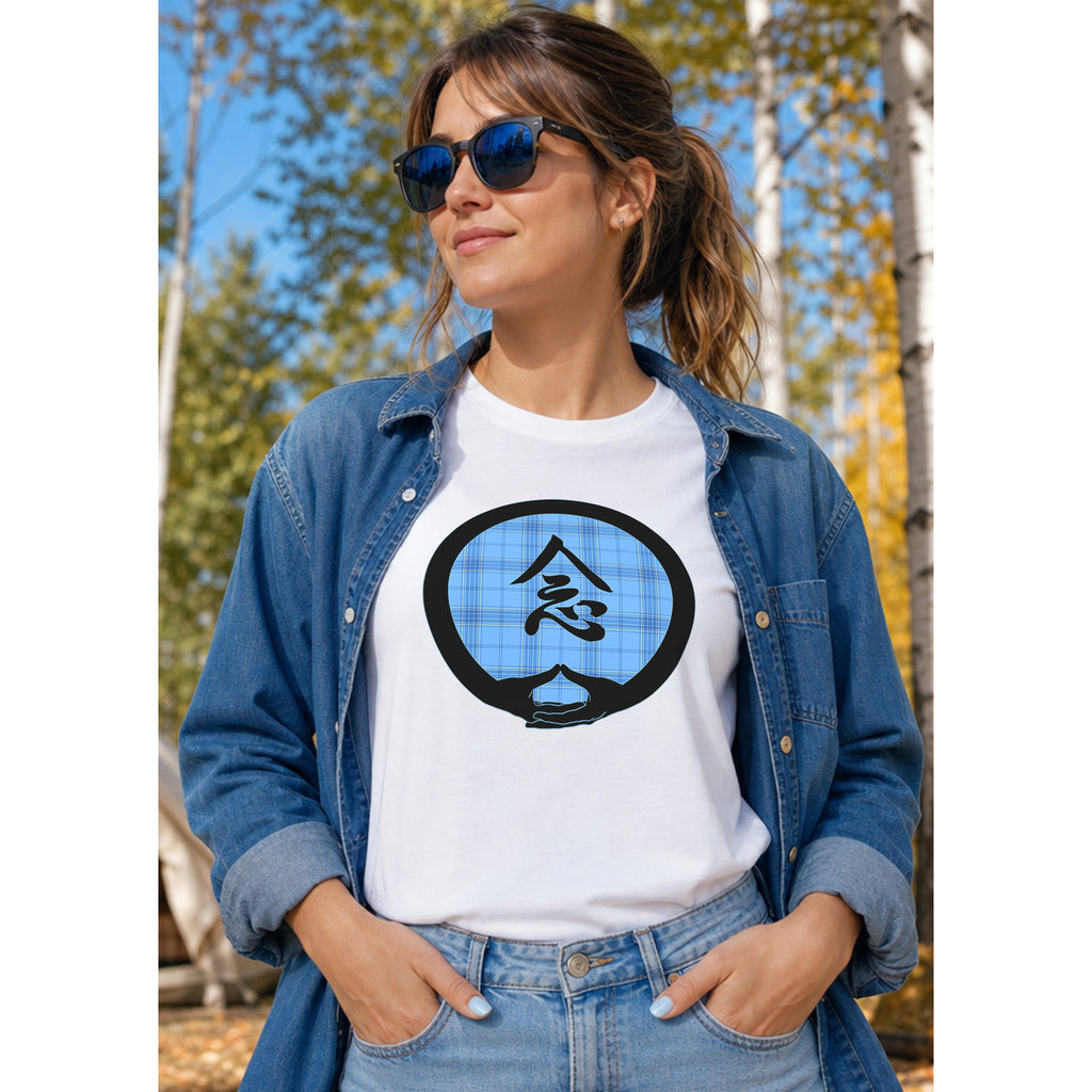 Mindfulness with Dhyana Mudra - on Light Blue Plaid2 (avail. in 5 colors)
