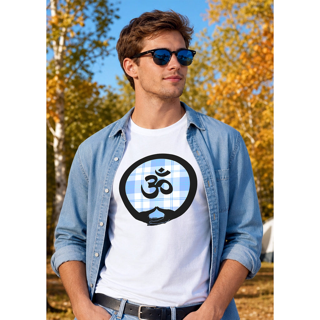 Om with Dhyana Mudra - on Light Blue Plaid (avail. in 4 colors)