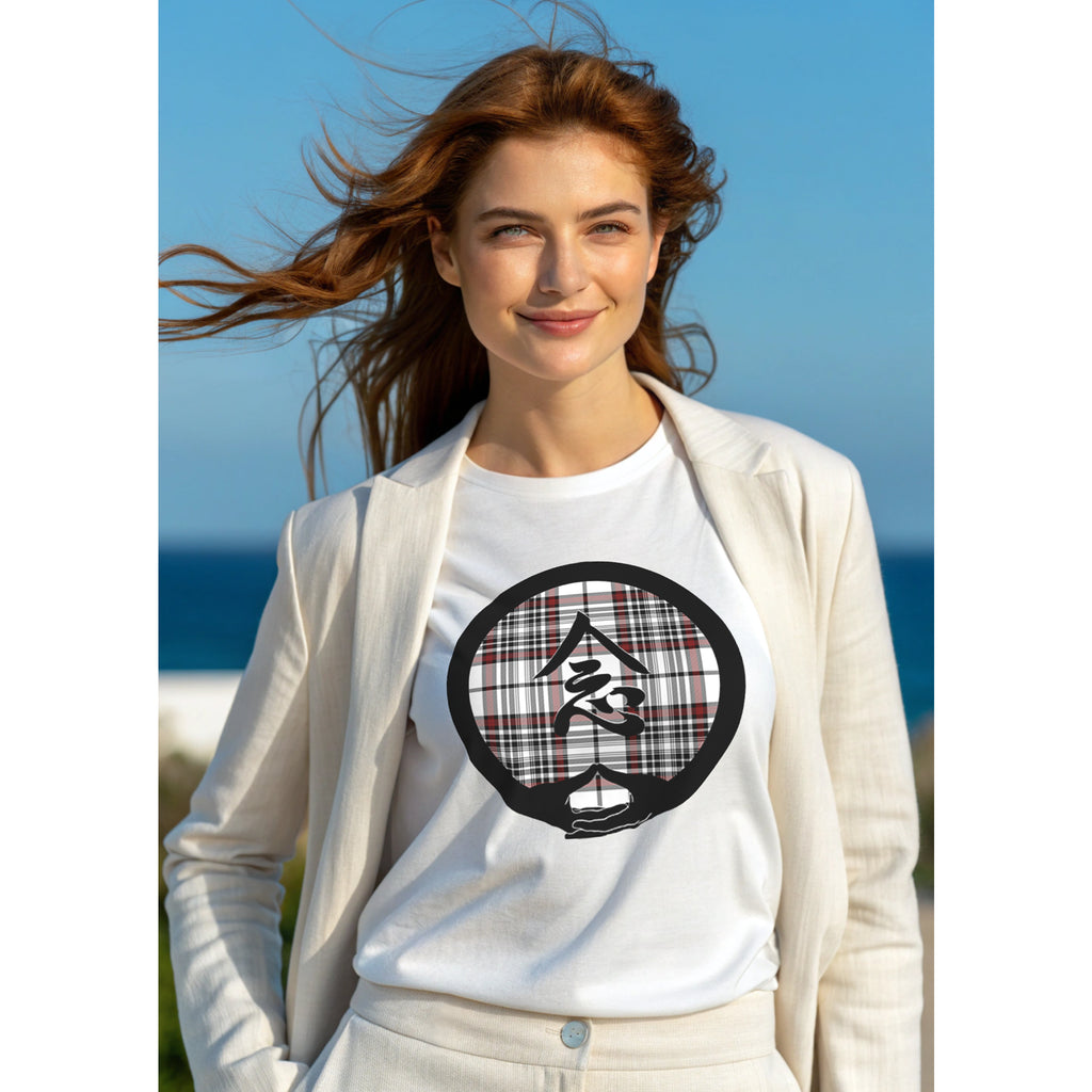 Mindfulness with Dhyana Mudra - on White-Red-Black Plaid (avail. in 6 colors)