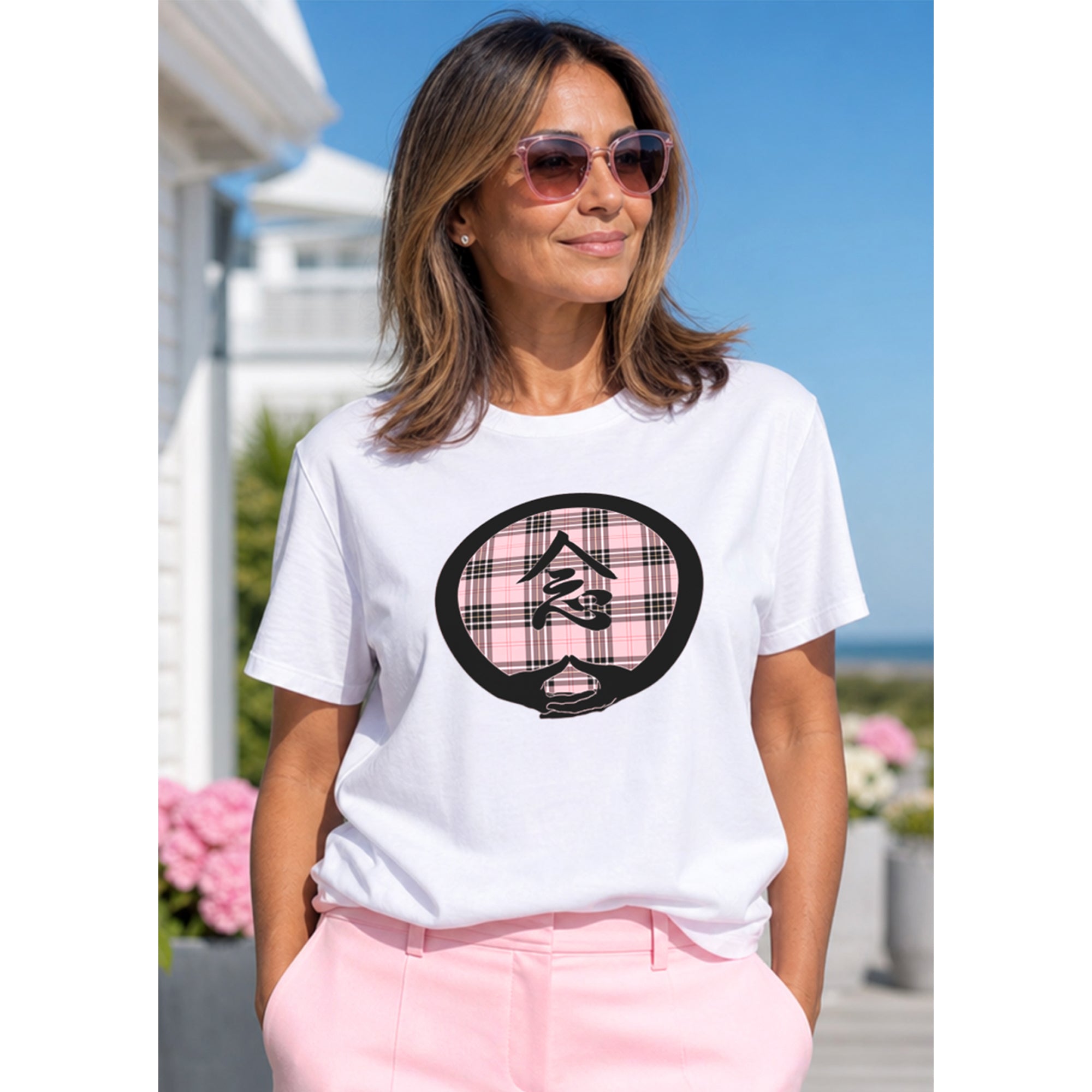 Mindfulness with Dhyana Mudra on Pink Plaid (avail. in 3 colors)