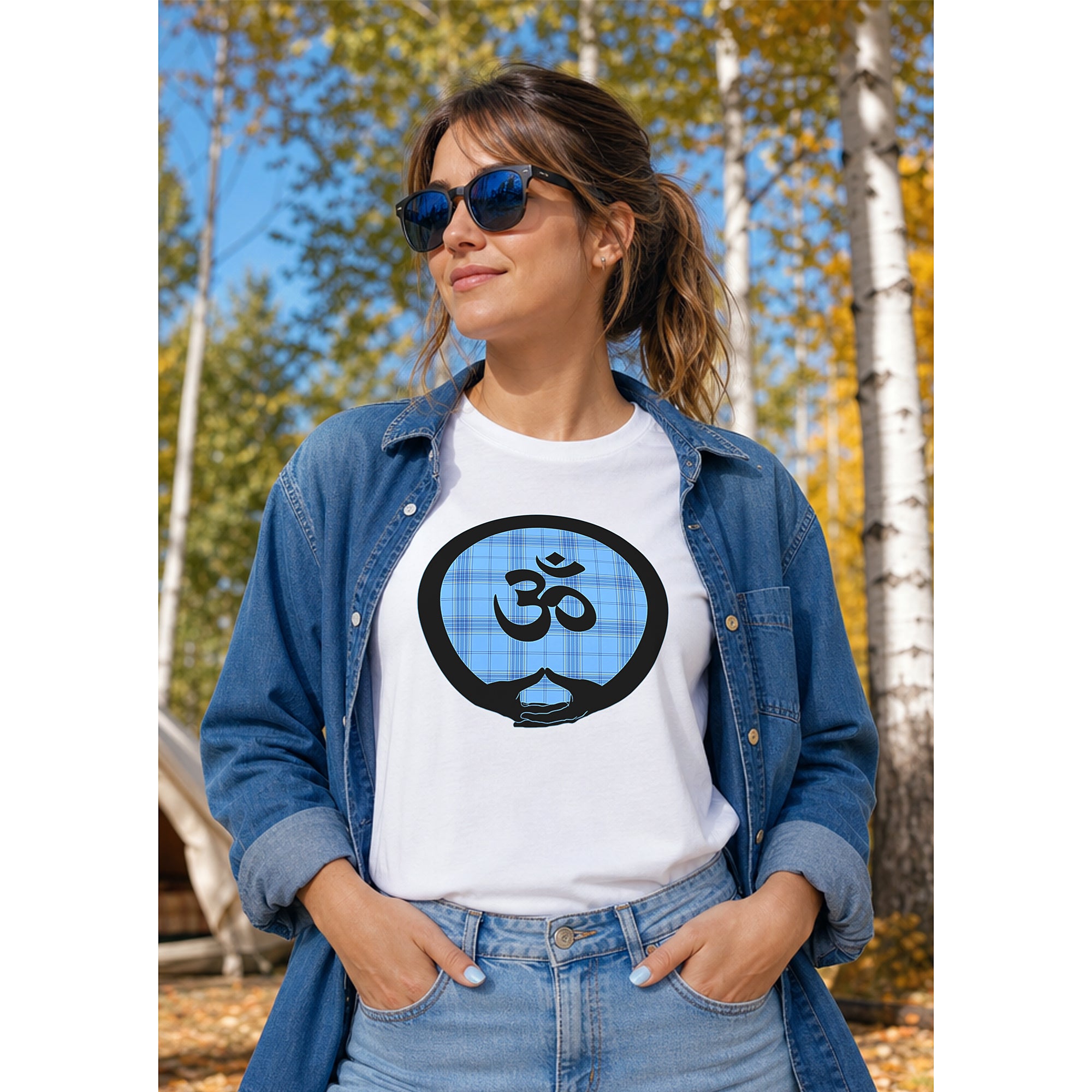 Om with Dhyana Mudra - on Light Blue Plaid2 (avail. in 5 colors)
