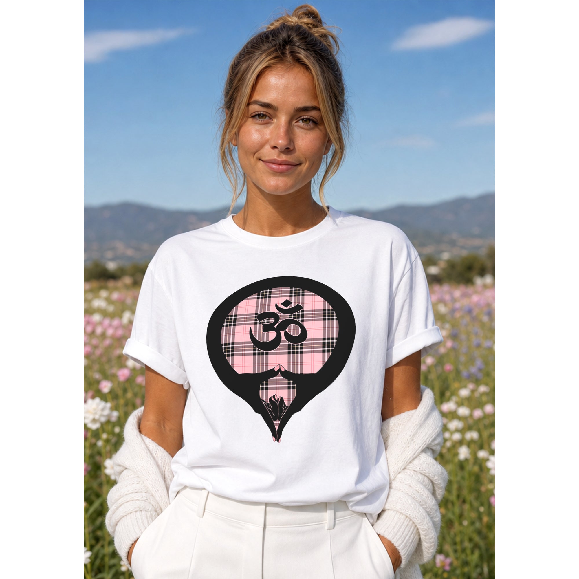 Om with Yoni Mudra-on Pink Plaid (avail. in 3 colors)