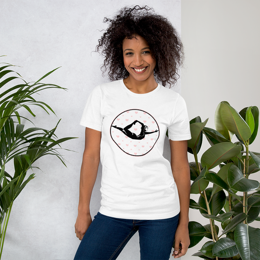 Half Bow Pose- with Pink Hearts on White Tee