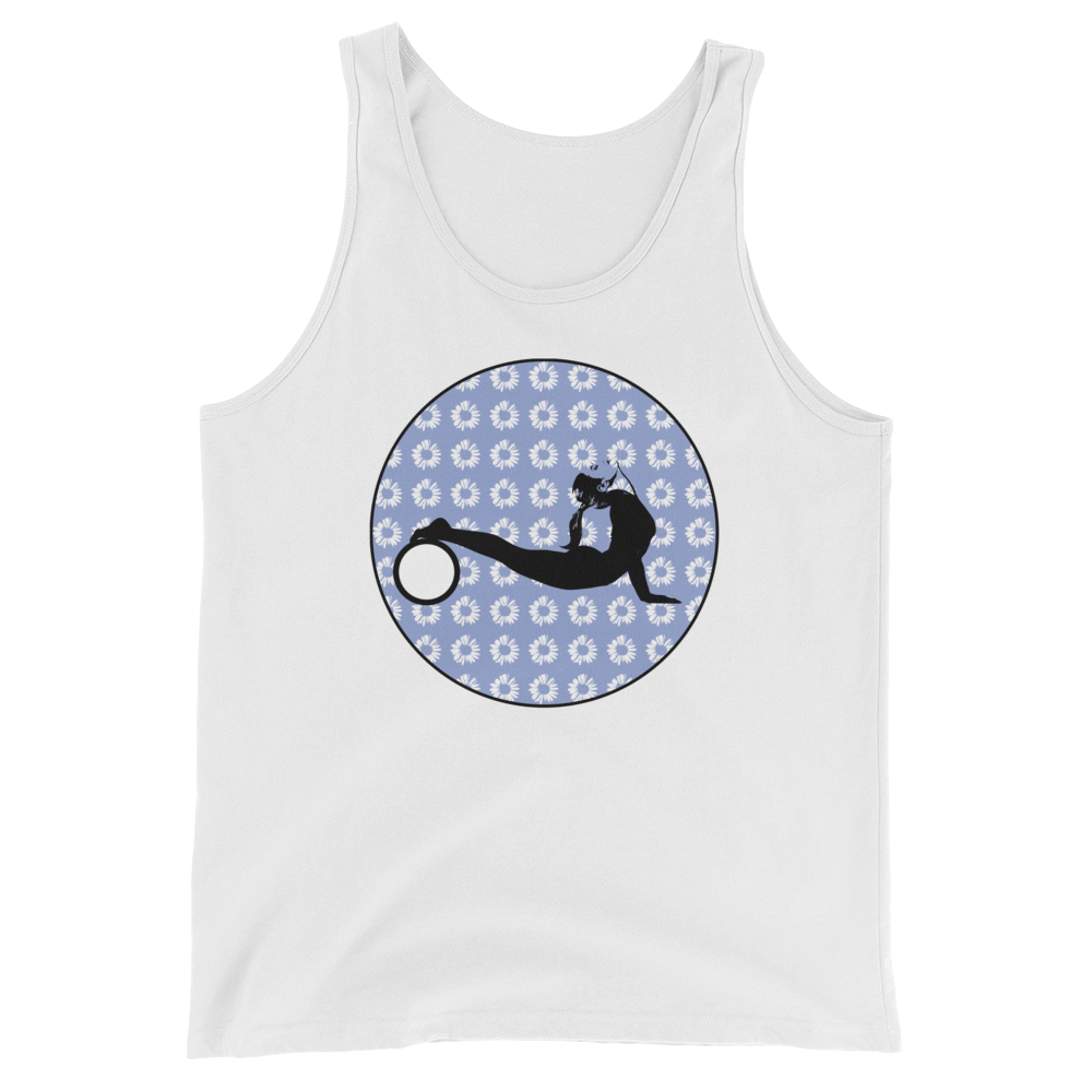 Yoga Wheel-Lavender with Daisies on White Tank