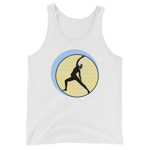 Prenatal Yoga-Yellow with Blue Hearts on White Tank