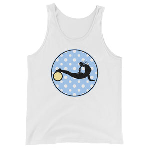 Yoga Wheel-Blue with Polka Dots on White Tank