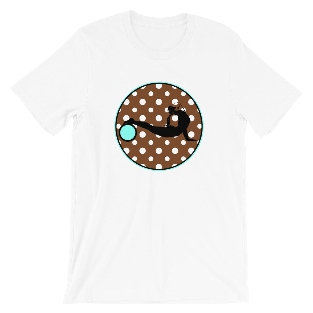 Yoga Wheel-Brown-Turq with Polka Dots on White Tee