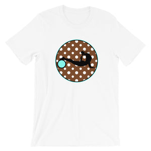 Yoga Wheel-Brown-Turq with Polka Dots on White Tee