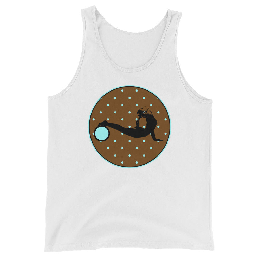 Yoga Wheel-Brown w-Tiny-Turquoise-Dots on White Tank