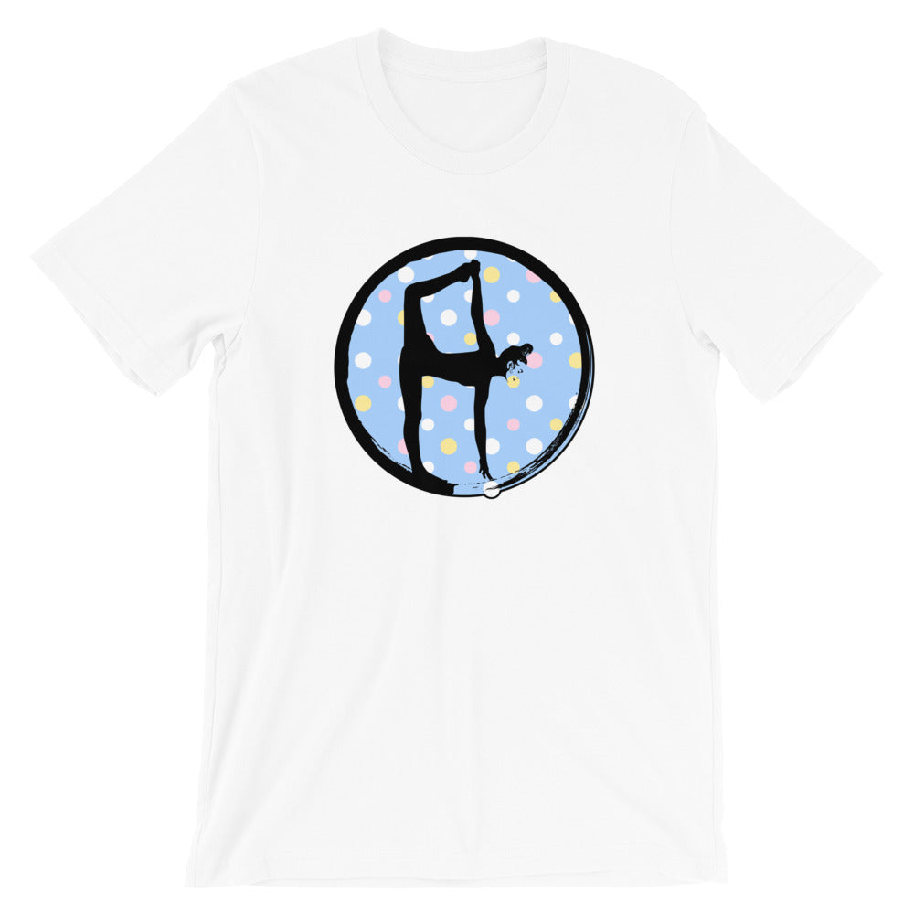 Half Moon Bow Pose-Blue w-Polka Dots on White Tee