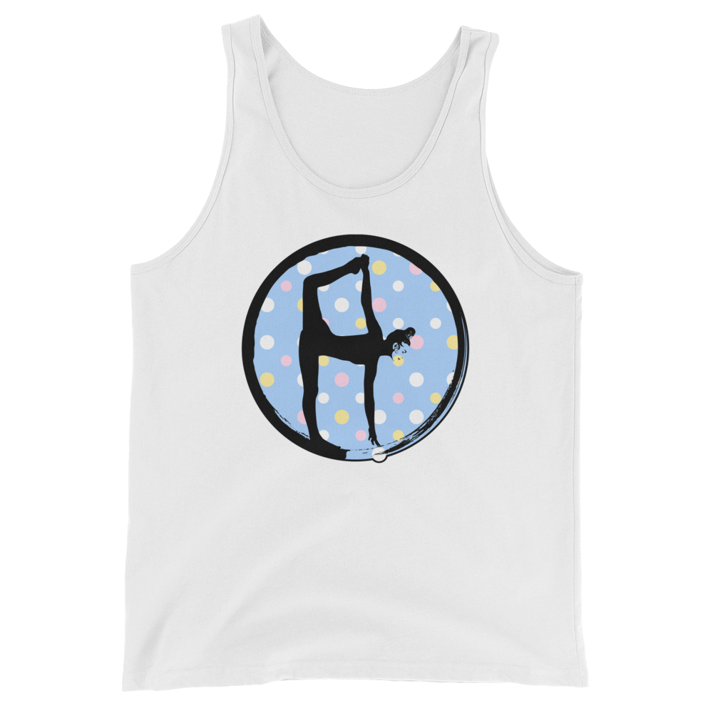 Half Moon Bow-Blue w-Multi-color Dots on White Tank