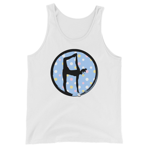 Half Moon Bow-Blue w-Multi-color Dots on White Tank