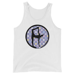 Half Moon Bow-Lavender w-Multi-color Dots on White Tank