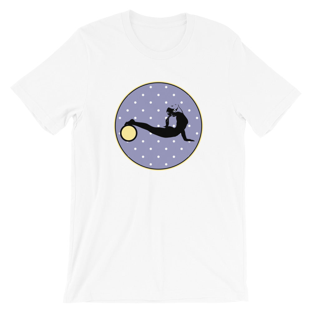 Yoga Wheel-Lavender-Yellow w-Tiny Dots on White Tee