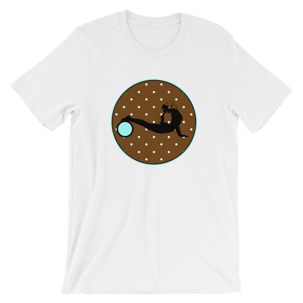 Yoga Wheel-Brown-Turq w-Tiny Dots on White Tee