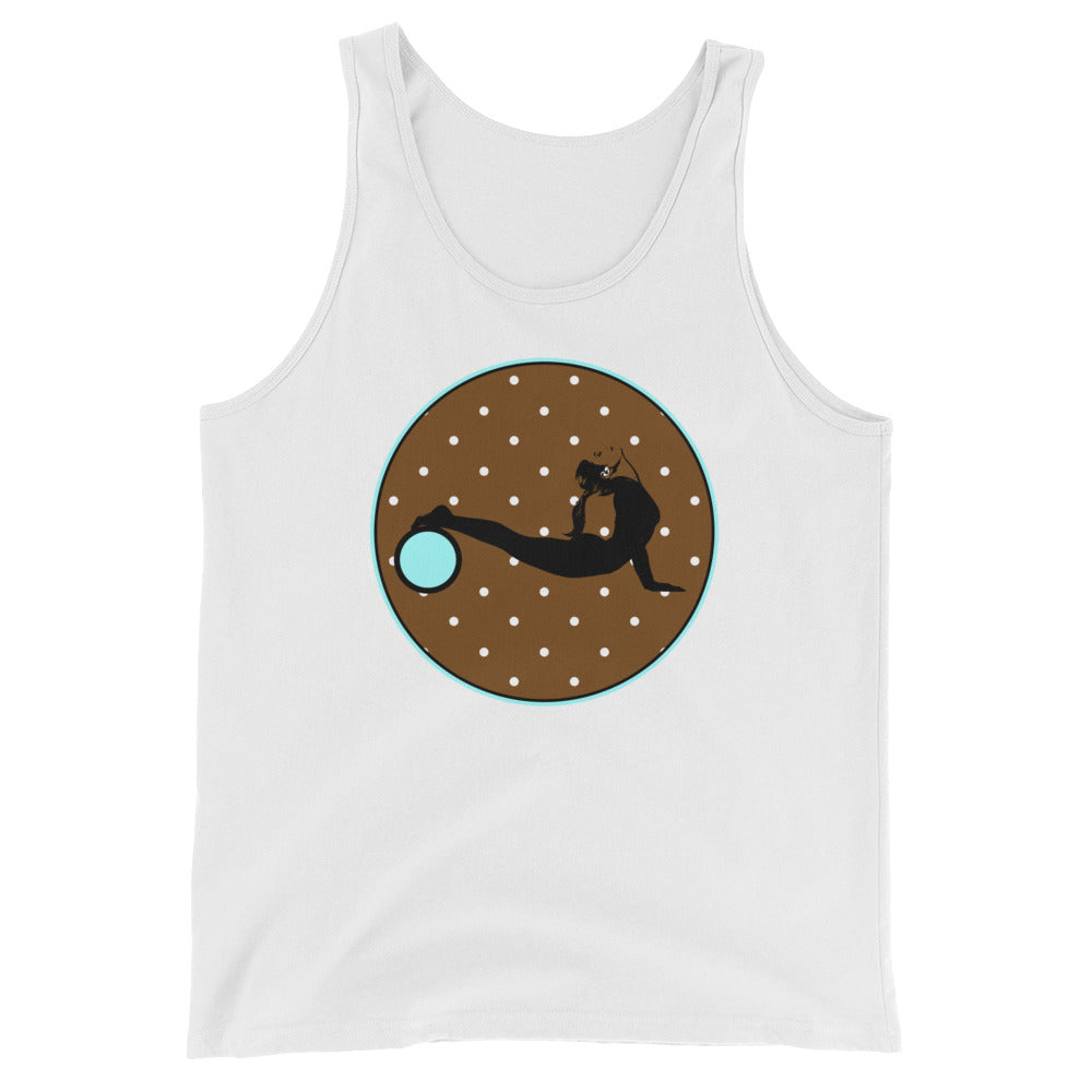 Yoga Wheel-Brown-Turq w-TinyDots on White Tank