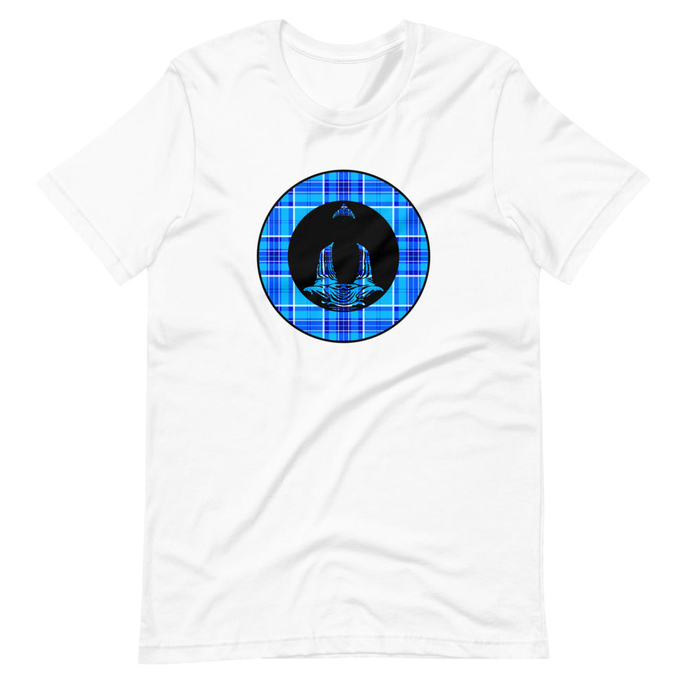 Buddha-Blue & Cyan Plaid on White Tee