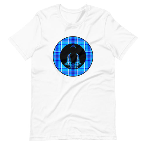 Buddha-Blue & Cyan Plaid on White Tee
