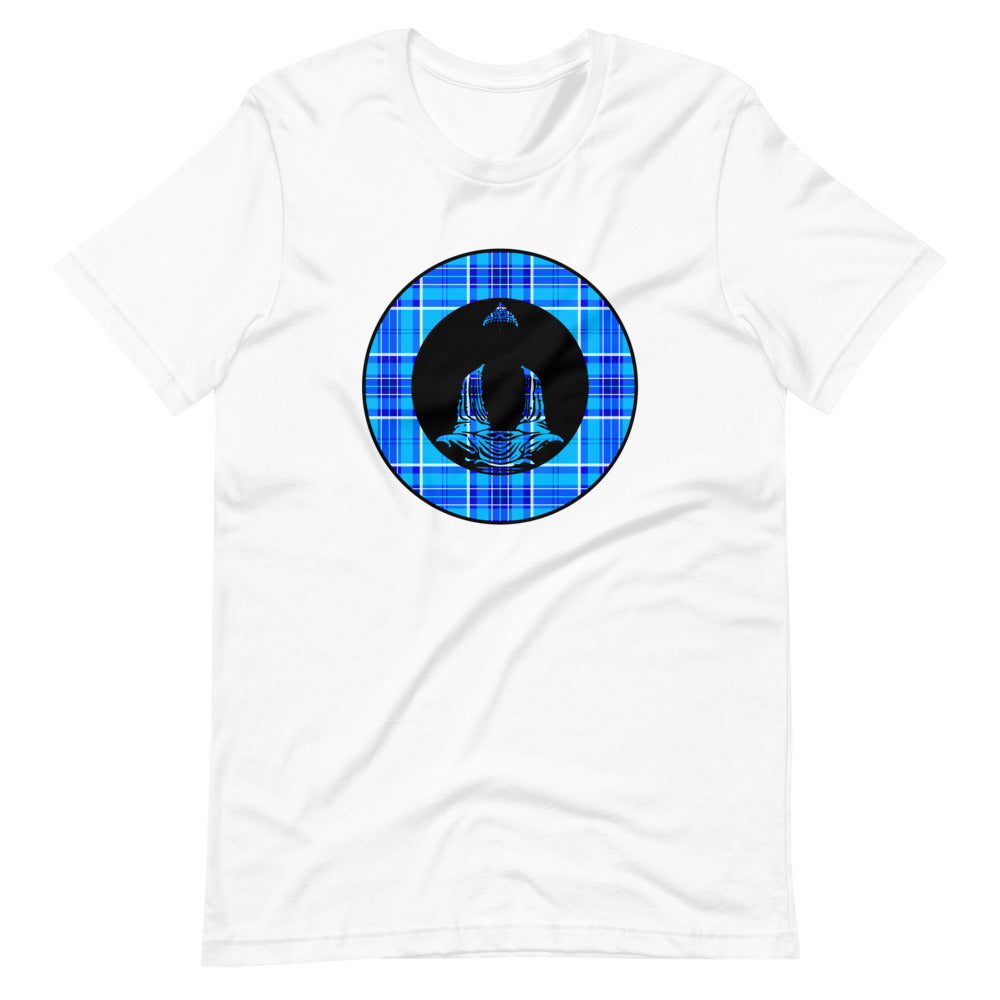 Buddha-Blue & Cyan Plaid on White Tee