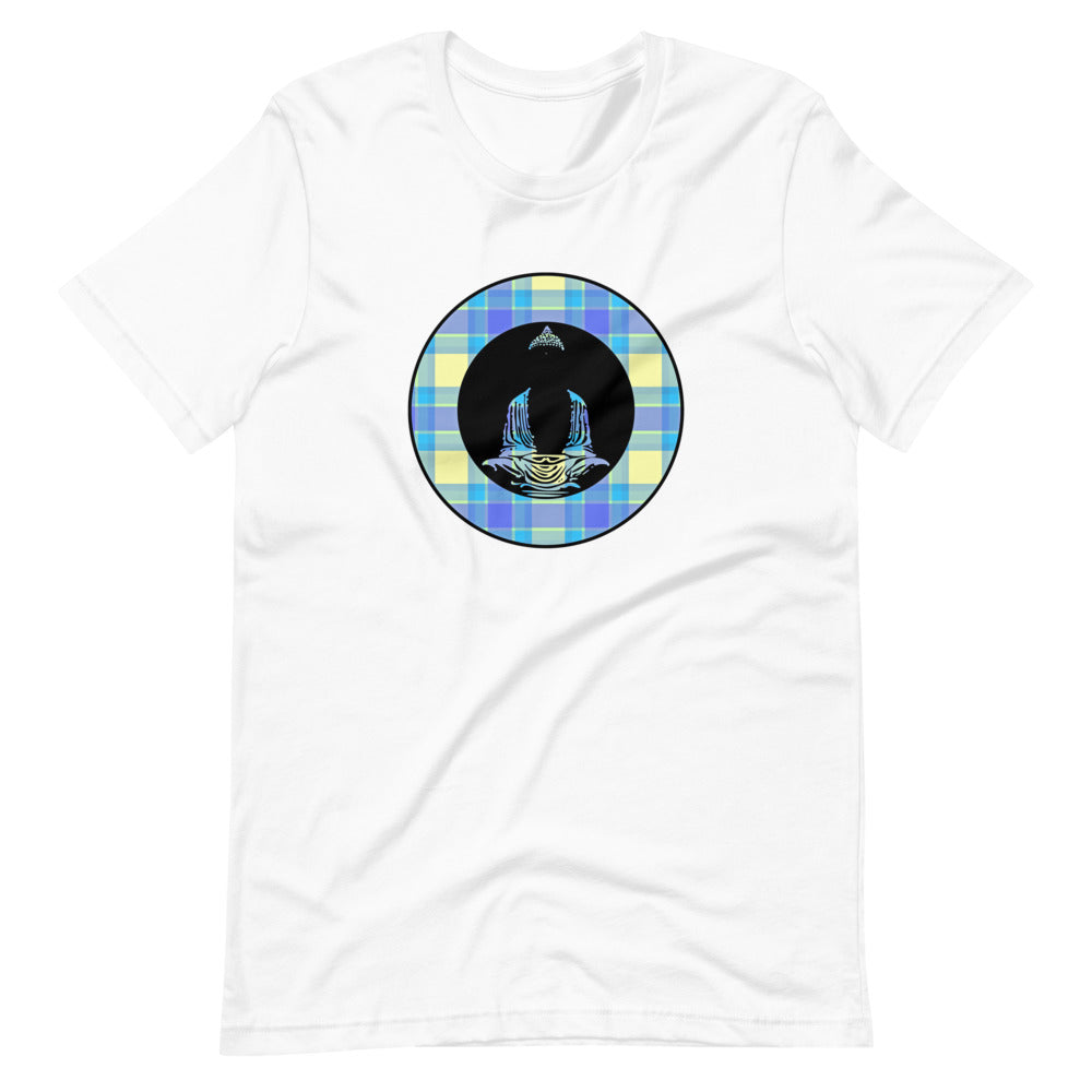 Buddha-Blue & Yellow Plaid on White Tee