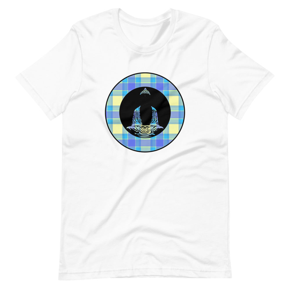 Buddha-Blue & Yellow Plaid on White Tee