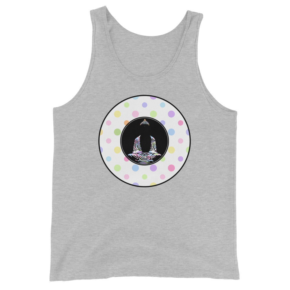 Buddha-White with Multi-color Polka Dots on Grey Tank