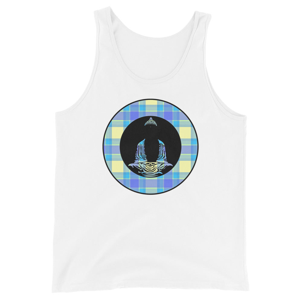 Buddha-with Blue-Yellow Plaid on White Tank