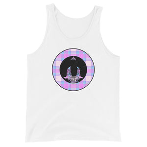 Buddha-with Pink Plaid on White Tank