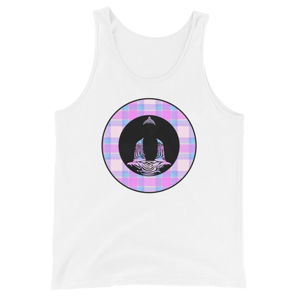 Buddha-with Pink Plaid on White Tank