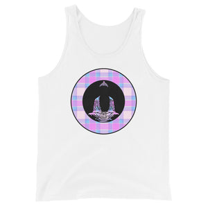 Buddha-with Pink Plaid on White Tank