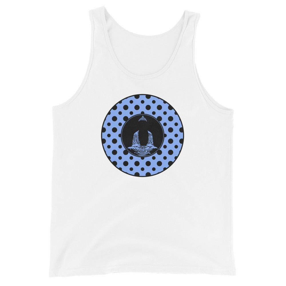 Buddha-Blue with Black Polka Dots on White tank