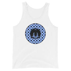 Buddha-Blue with Black Polka Dots on White tank