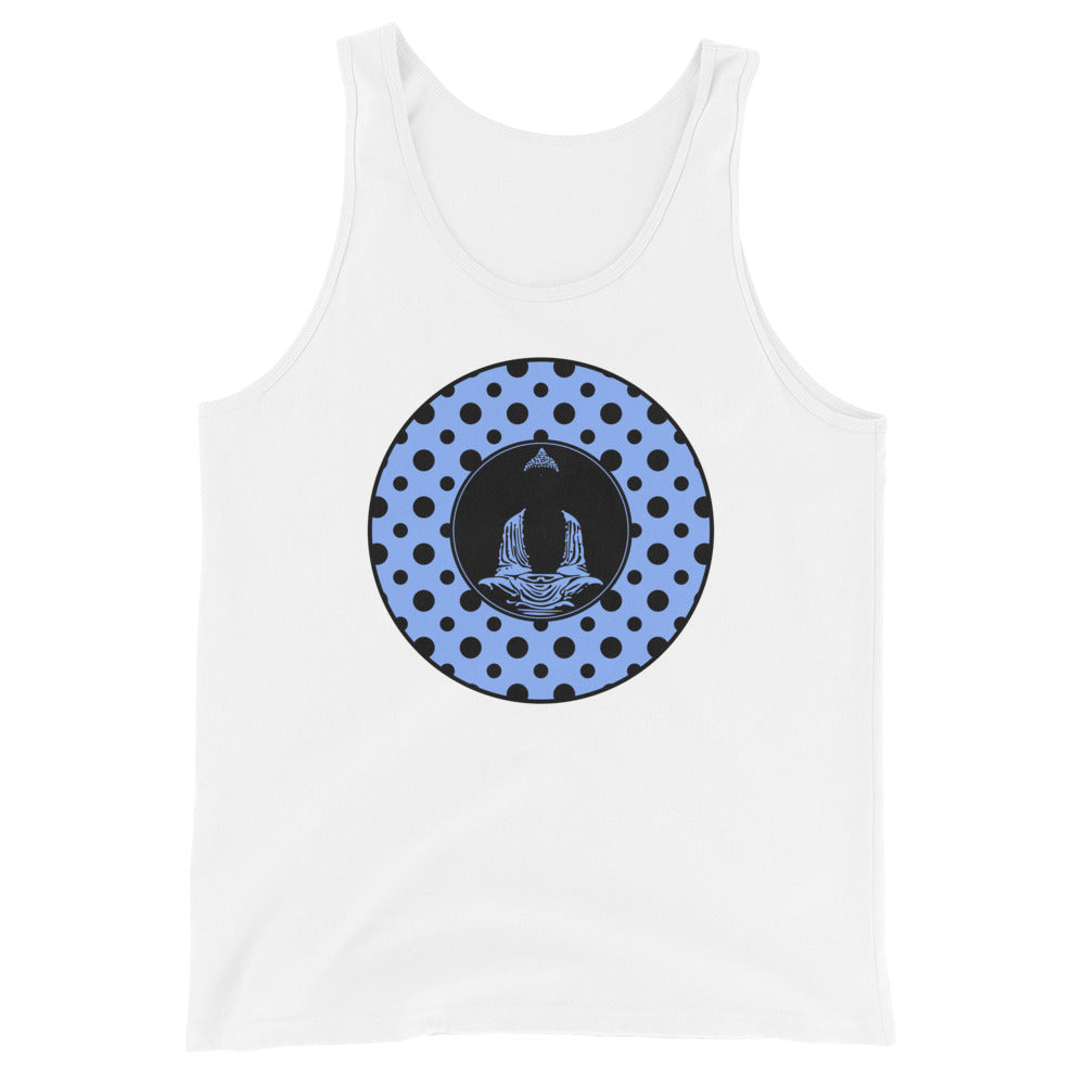 Buddha-Blue with Black Polka Dots on White tank