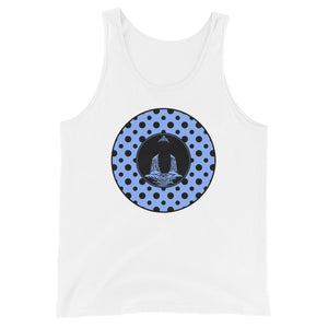 Buddha-Blue with Black Polka Dots on White tank