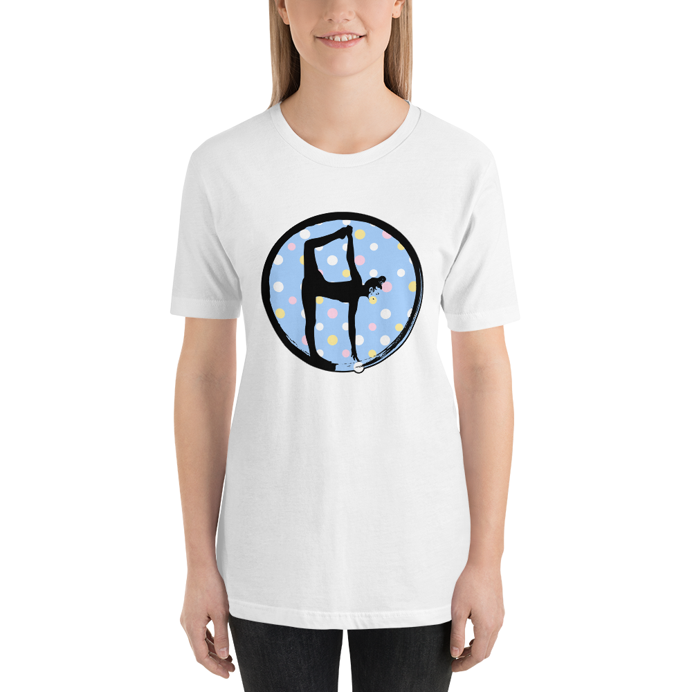 Half Moon Bow Pose-Blue w-Polka Dots on White Tee